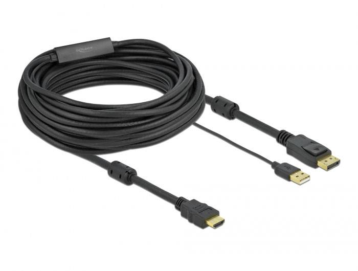 Schwarzes Flachbandkabel mit HDMI-, USB- und DisplayPort-Steckern, geeignet für den Anschluss von Computern und Monitoren.