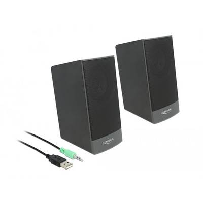 Zwei schwarze Lautsprecher mit USB- und Audiokabel, geeignet für den Anschluss an Computer oder andere Geräte für die Audiowiedergabe.