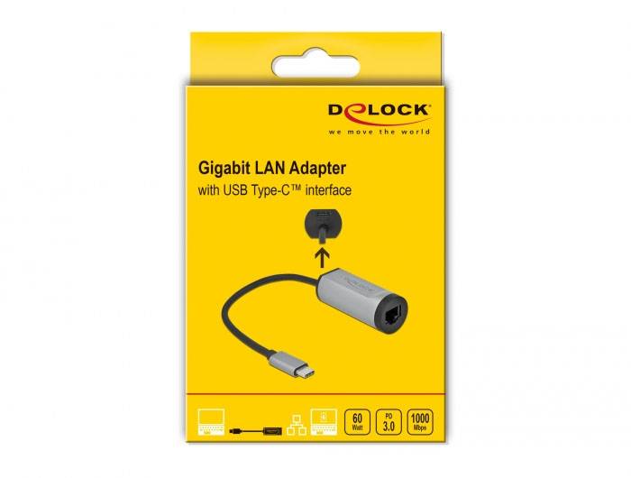 'Gigabit LAN Adapter mit USB Type-C Schnittstelle. Verpackung zeigt Adapter mit USB-C-Anschluss, geeignet für 1000 Mbit/s Verbindungen.'