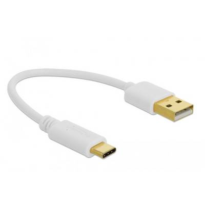 Ein weißes USB-Kabel mit einem USB-A-Stecker auf der einen Seite und einem USB-C-Stecker auf der anderen Seite.