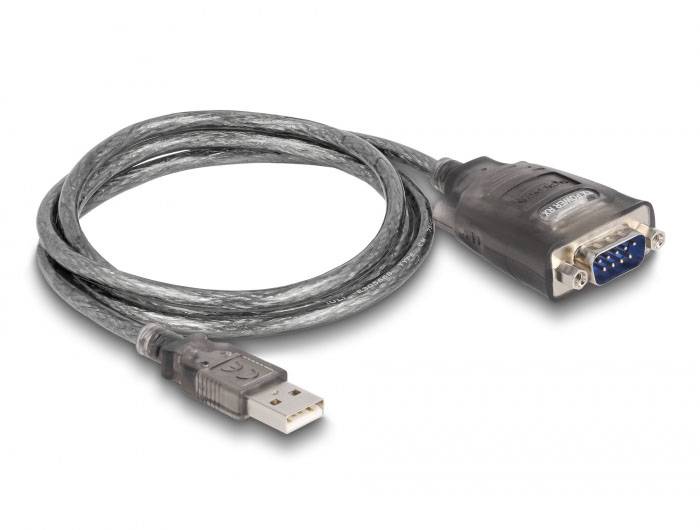 'Ein USB-auf-Seriell-Adapterkabel verbindet USB-Geräte mit seriellen Schnittstellen, geeignet für ältere Hardware-Kompatibilität.'