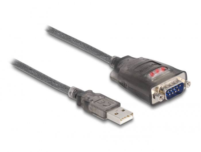 Ein USB-zu-Seriell-Adapterkabel mit zwei Steckverbindern: links ein USB-Stecker und rechts ein 9-poliger serieller Anschluss.