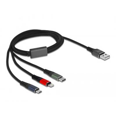 Multifunktions-Ladekabel mit USB-Anschluss und drei verschiedenen Ladesteckern: Micro-USB, Lightning und USB-C, schwarz.