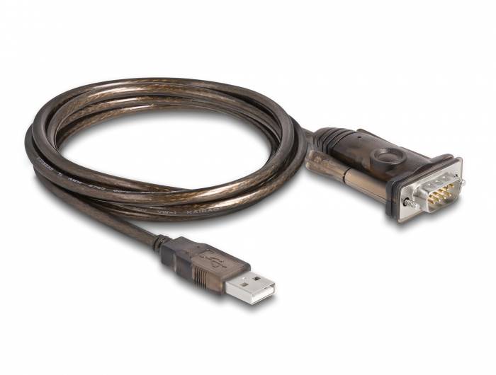 Ein USB-zu-Seriell-Kabeladapter, bestehend aus einem USB-Stecker und einem seriellen Port, verwendet zur Verbindung von Geräten.