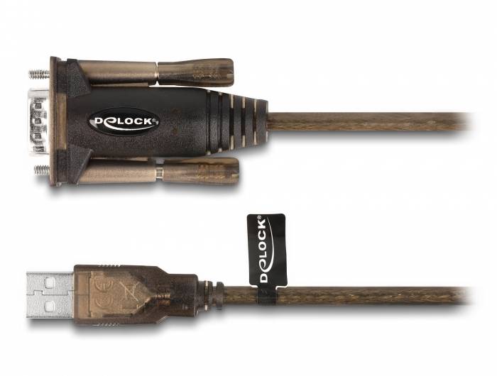 USB-zu-Seriell-Kabel von Delock. Oben: Serieller Anschluss. Unten: USB-Anschluss. Für Verbindung von seriellen Geräten mit USB-Port.