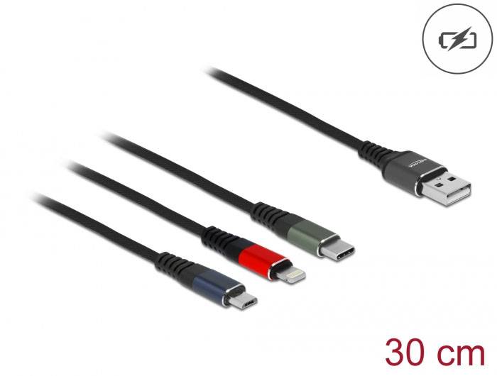 'USB-Kabel mit vier unterschiedlichen Anschlüssen (Micro-USB, USB-C, Lightning, und USB-A) auf weißem Hintergrund. Länge: 30 cm.'