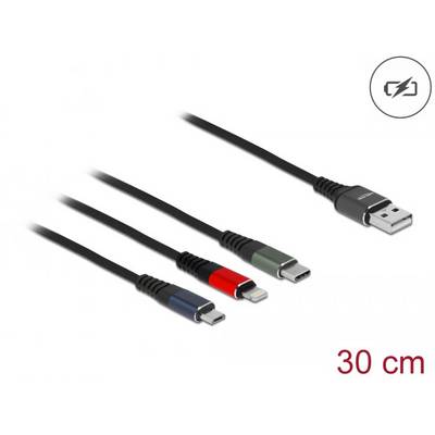 'USB-Kabel mit vier unterschiedlichen Anschlüssen (Micro-USB, USB-C, Lightning, und USB-A) auf weißem Hintergrund. Länge: 30 cm.'