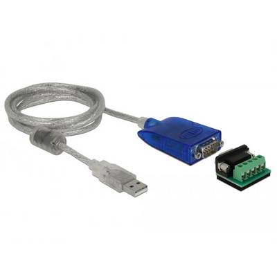 USB-zu-RS232-Adapterkabel mit transparentem Stecker und blauem Gehäuse neben grünem Terminalblock, passend für serielle Verbindungen.