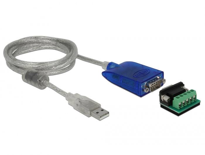 'USB auf serielle Schnittstelle Adapterkabel' und 'Platine mit Anschlussklemmen'. Adapter verbindet Computer mit seriellen Geräten.