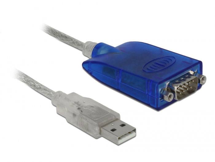 'Blaues USB-zu-Seriell-Adapterkabel mit VGA-Anschluss, auf weißem Hintergrund.'