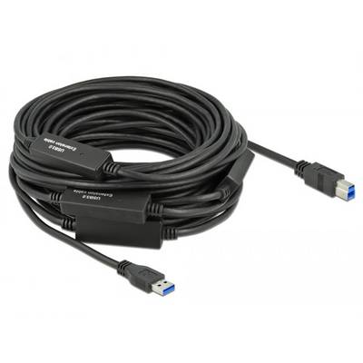 Ein langes schwarzes USB-3.0-Kabel mit Verstärkermodul und blauen Steckern, geeignet für den Anschluss von Geräten über große Distanzen.