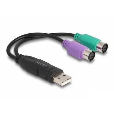 Ein Adapterkabel mit USB-Anschluss auf der einen Seite und zwei PS/2-Steckern in Lila und Grün auf der anderen Seite.