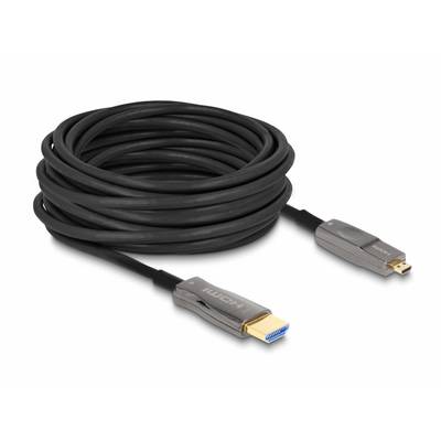 Abgebildet ist ein langer HDMI-Kabel mit schwarzen Kabeln und silbernen Steckern, einem Standard-HDMI zu einem Mini-HDMI-Anschluss.