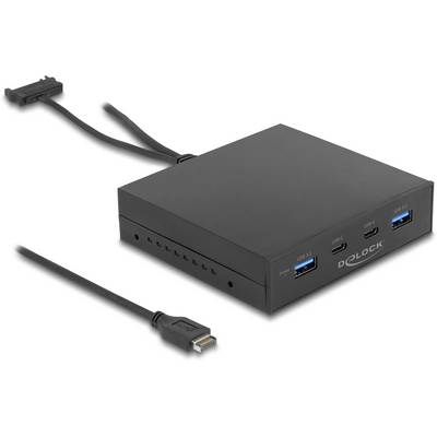 Ein schwarzes USB-Hub mit mehreren Anschlüssen, darunter USB 3.0 und USB-C, sowie ein externes Kabel.