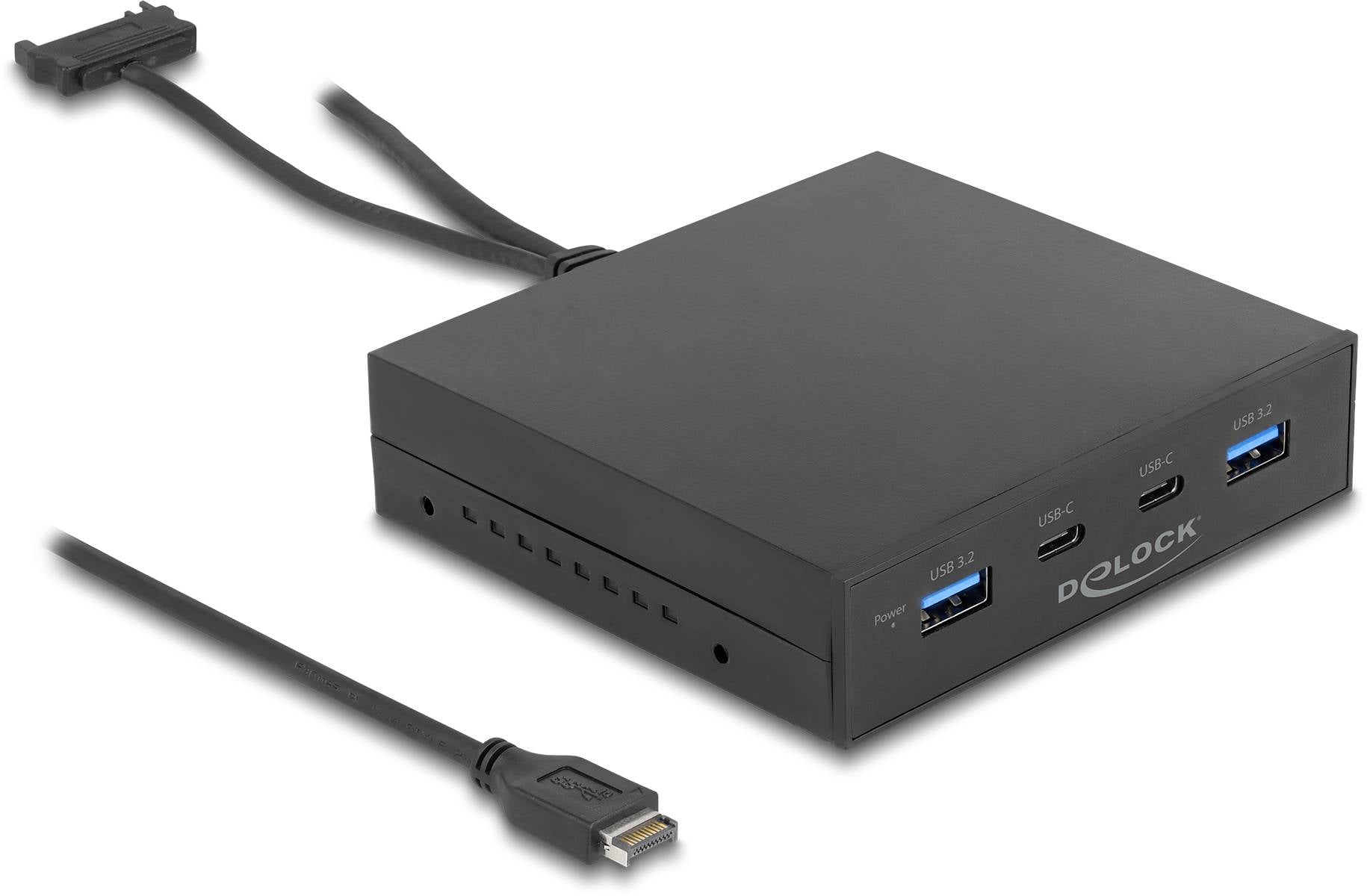 Ein schwarzes USB-Hub mit mehreren Anschlüssen: zwei USB-A, ein USB-C und ein weiterer Kabelanschluss. Markiert mit 'DELOCK'.