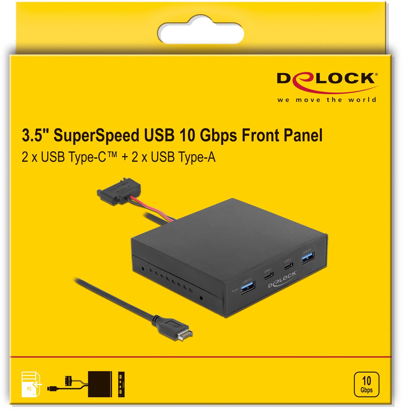 Verpackung eines Delock 3,5" SuperSpeed USB 10 Gbps Frontpanels mit 2x USB Typ-C und 2x USB Typ-A Anschlüssen, graphisch dargestellt.