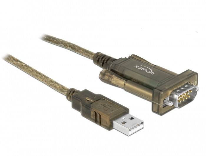 Zwei Kabelenden; links ein USB-Stecker, rechts ein serieller Stecker. Adapter für Konvertierung zwischen USB und seriellem Anschluss.