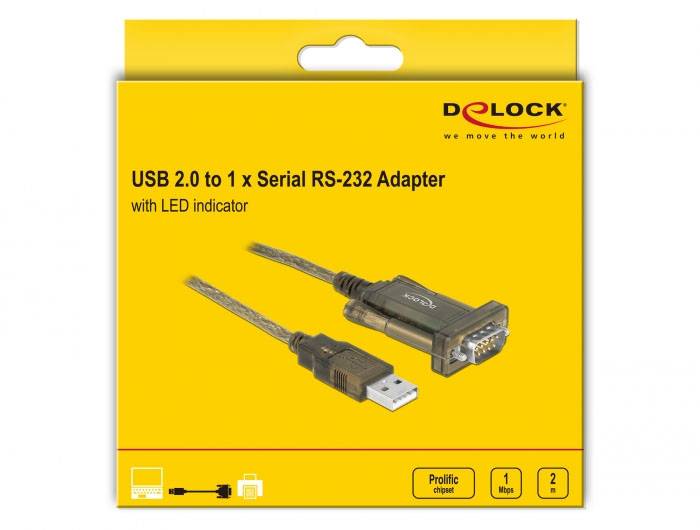 Gelber Karton zeigt 'USB 2.0 zu 1 x Seriell RS-232 Adapter' von Delock mit LED-Anzeige. Bild von Adapterkabeln, Symbole unten: 1 Meter, 2 Jahre Garantie.