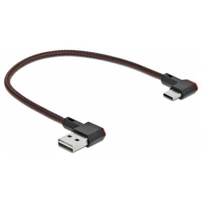 Ein geflochtenes USB-Kabel mit zwei Anschlüssen: USB-Typ-A und USB-Typ-C. Das Kabel ist schwarz-rot und dient zum Laden oder Datentransfer.