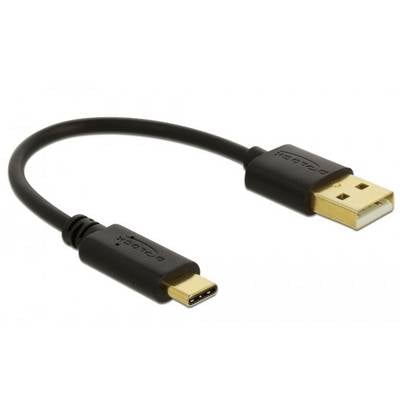 USB-Kabel mit schwarzen Steckern: links USB-C, rechts USB-A. Kabel verbindet Geräte zum Laden oder Datentransfer.