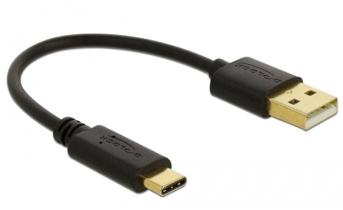 Ein USB-Kabel mit USB-C- und USB-A-Steckern. Das Kabel ist kurz, schwarz und hat vergoldete Kontakte an beiden Enden.