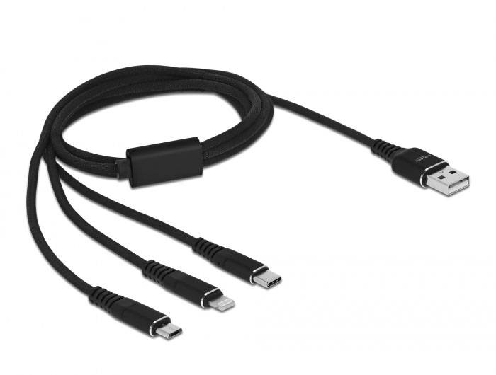 Ladekabel mit vier Anschlüssen: USB, Mikro-USB, Lightning und USB-C. Ideal zum gleichzeitigen Laden verschiedener Geräte.