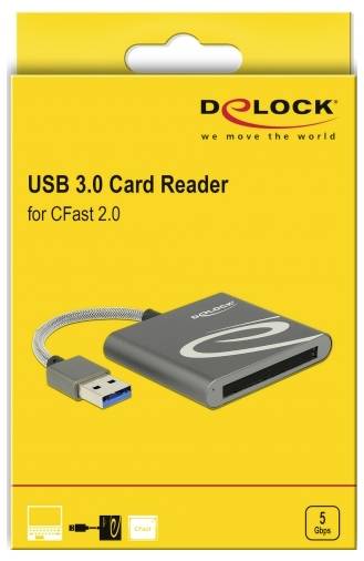 'DELOCK USB 3.0 Kartenleser für CFast 2.0' Verpackung, zeigt ein Bild des Geräts mit USB-Stecker, unterstützt 5 Gbps Datenübertragung.