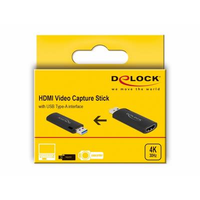 Verpackung eines HDMI Video Capture Stick mit USB Type-A Anschluss. Marke Delock. Aufdruck: '4K 30Hz'. Adapter und Symbole abgebildet.