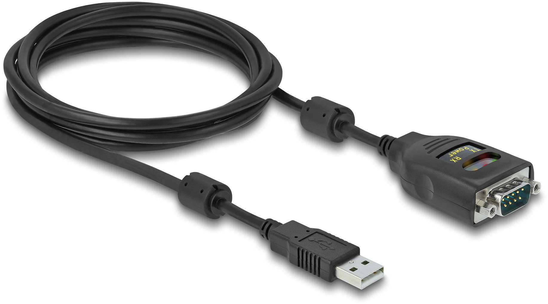 'USB-zu-Seriell-Adapterkabel' zeigt einen USB-Anschluss auf der einen Seite und einen DB9-Seriellstecker auf der anderen. Ideal für ältere Geräte.