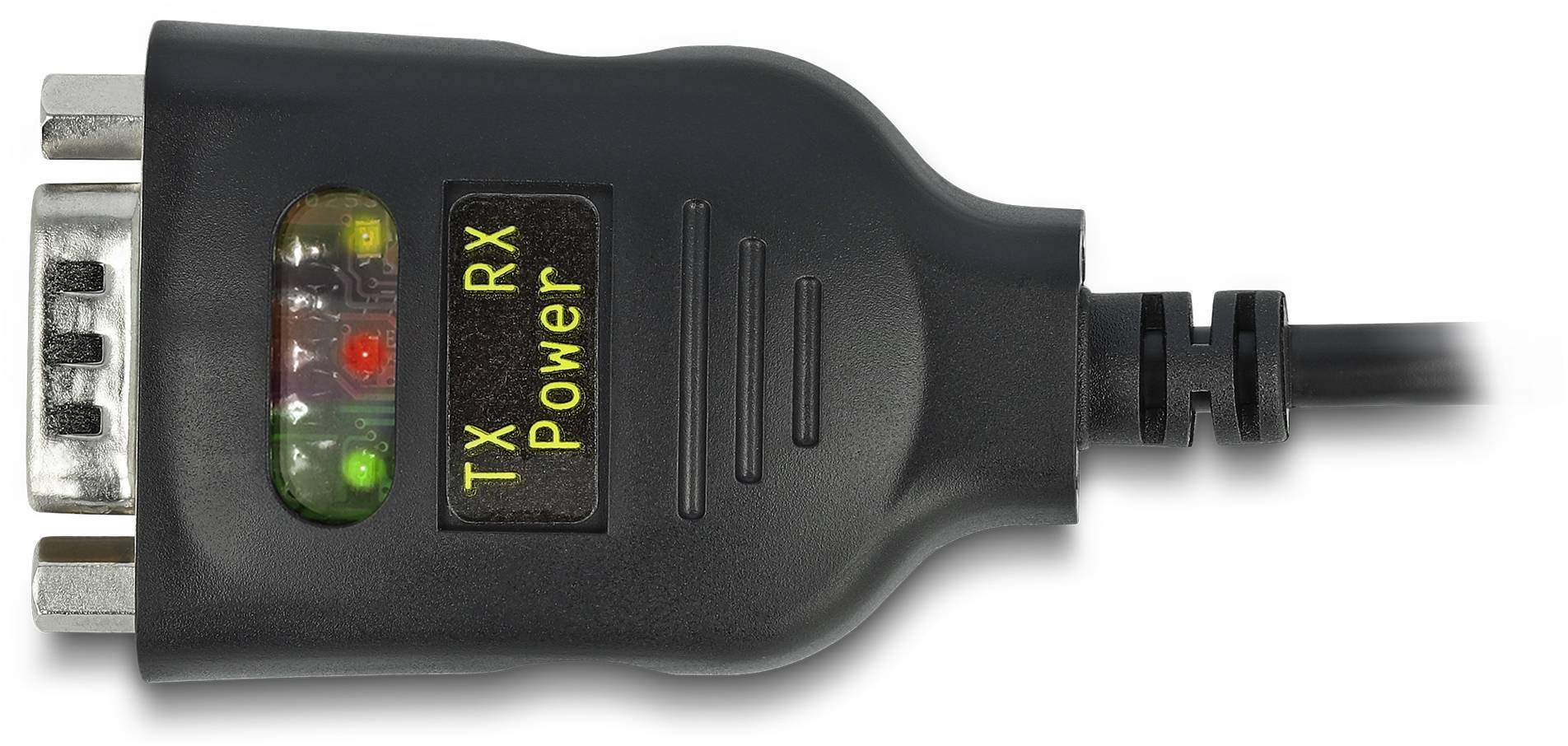 Schwarzer serieller Adapter mit LED-Anzeigen. Aufschrift: 'TX', 'RX', 'Power'. Rote, grüne, gelbe LEDs signalisieren Status.