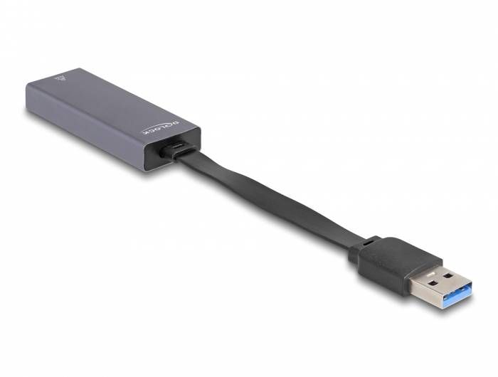 Externe Festplatte mit USB-Verbindungskabel; rechteckiges, metallisches Gehäuse in Grau mit blauer USB-A-Schnittstelle.