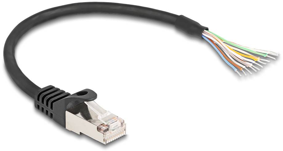 'Ethernet-Kabel mit RJ45-Stecker auf der einen Seite und offenen Drähten auf der anderen Seite, in verschiedenen Farben.'