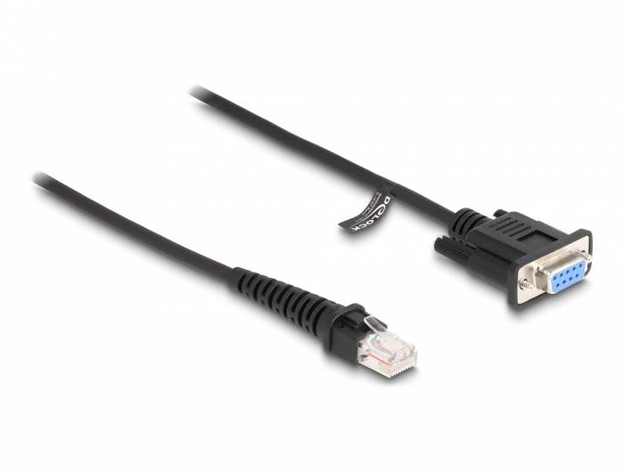 Ein schwarzes Kabel mit RJ-45-Stecker links und seriellem DB-9-Anschluss rechts. Es dient zur Verbindung von Netzwerkgeräten mit seriellen Schnittstellen.