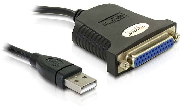 Ein USB-zu-Druckerport-Adapterkabel. Links ist ein USB-Stecker, rechts ein paralleler Druckeranschluss zu sehen.