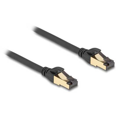 Zwei schwarze Ethernet-Kabel mit goldenen Steckern, nebeneinander angeordnet. Geeignet für Netzwerkverbindungen.