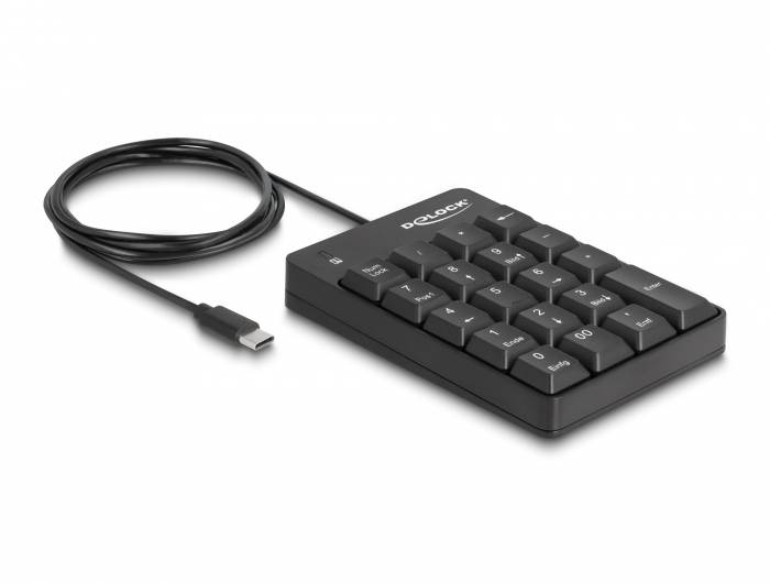 Externe numerische Tastatur in Schwarz mit USB-Type-C-Anschluss, enthält Zifferntasten und Funktionstasten oben.