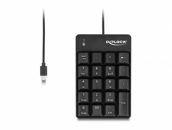 Externe numerische Tastatur von Delock mit USB-Kabel, zeigt Zifferntasten und Funktionstasten für einfache Dateneingabe.