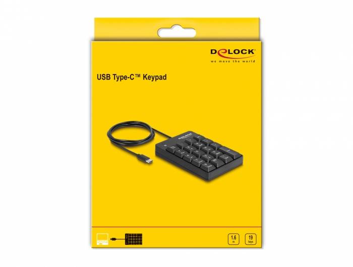 Verpackung einer 'USB Type-C Keypad' von Delock, zeigt einen USB-Ziffernblock mit Kabel auf gelbem Hintergrund.