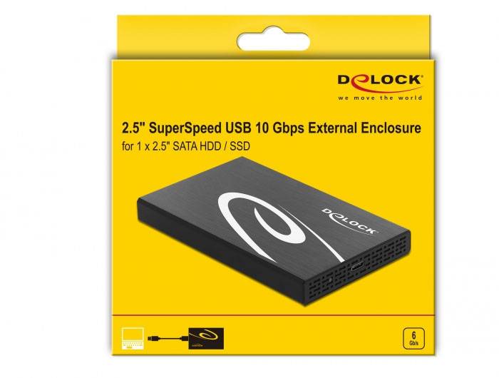 Externe Festplattengehäuse von Delock. Unterstützt 2,5" SATA HDD/SSD mit USB 10 Gbps. Verpackung zeigt Produktabbildung.