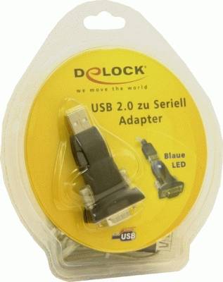'Delock USB 2.0 zu Seriell Adapter' Verpackung mit Abbildung des Produkts und Hinweis auf blaue LED.