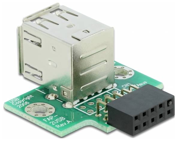 Ein grünes Adaptermodul mit USB-Buchse und achtpoliger Stiftleiste, kompatibel mit verschiedenen elektronischen Anwendungen.
