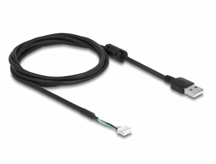 Schwarzes USB-Kabel mit offenliegenden Drähten am Ende, geeignet für DIY-Elektronikprojekte oder Reparaturen.