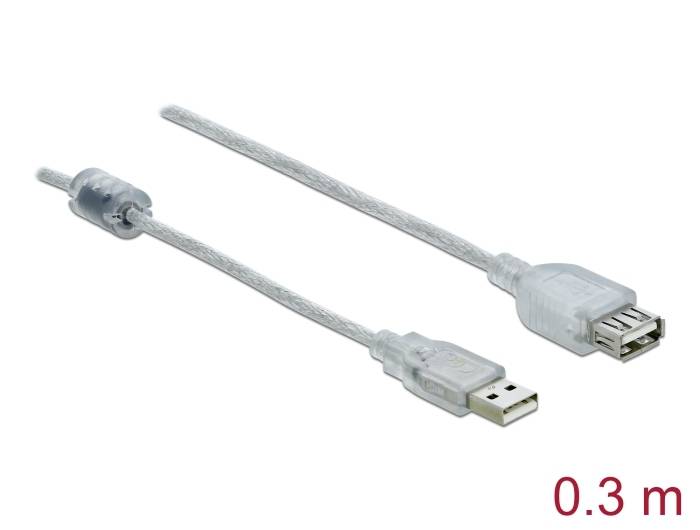 Ein transparentes USB-Verlängerungskabel mit USB-A-Stecker und USB-A-Buchse, Länge 0,3 Meter.