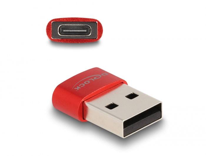 Ein roter USB-C-zu-USB-A-Adapter von Delock. Der Adapter hat einen USB-C-Anschluss auf einer Seite und einen USB-A-Stecker auf der anderen Seite.