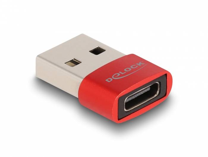 Ein USB-Adapter mit einem rot-silbernen Gehäuse und der Aufschrift 'DELOCK'. Adapter konvertiert USB zu USB-C.