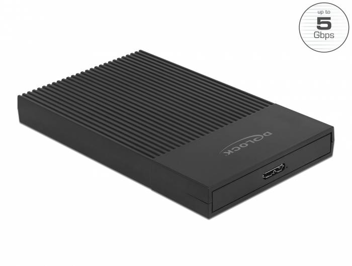 Externe schwarze Festplattengehäuse mit geripptem Design für USB 3.0-Verbindungen, Geschwindigkeiten bis zu 5 Gbps.