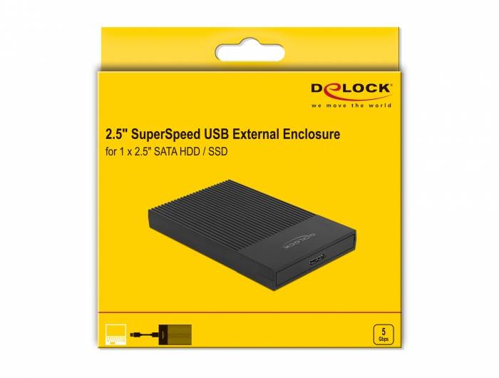 Gelbes Etui für 2,5" SATA HDD/SSD mit USB Anschluss, Marke Delock. Text: '2.5" SuperSpeed USB External Enclosure'.
