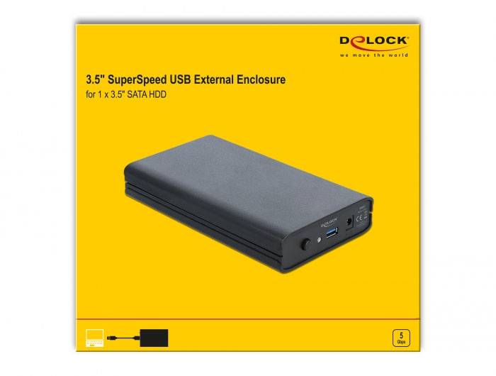 Externe Festplattengehäuse für 3,5-Zoll-SATA-HDDs von Delock. Farbe: schwarz. Verpackung zeigt Produktabbildung und Logos.