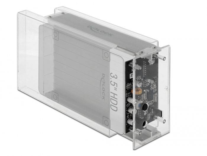 Transparentes externes Festplattengehäuse für 3,5-Zoll-HDDs, zeigt angeschlossene Platine mit Anschlüssen, geeignet für PC-Verbindungen.