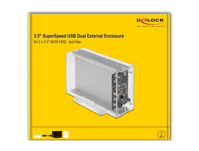 Externe Festplattengehäuse für zwei 3,5" SATA HDDs. Werkzeugfreies Design, USB-Anschluss. Produkt von Delock.